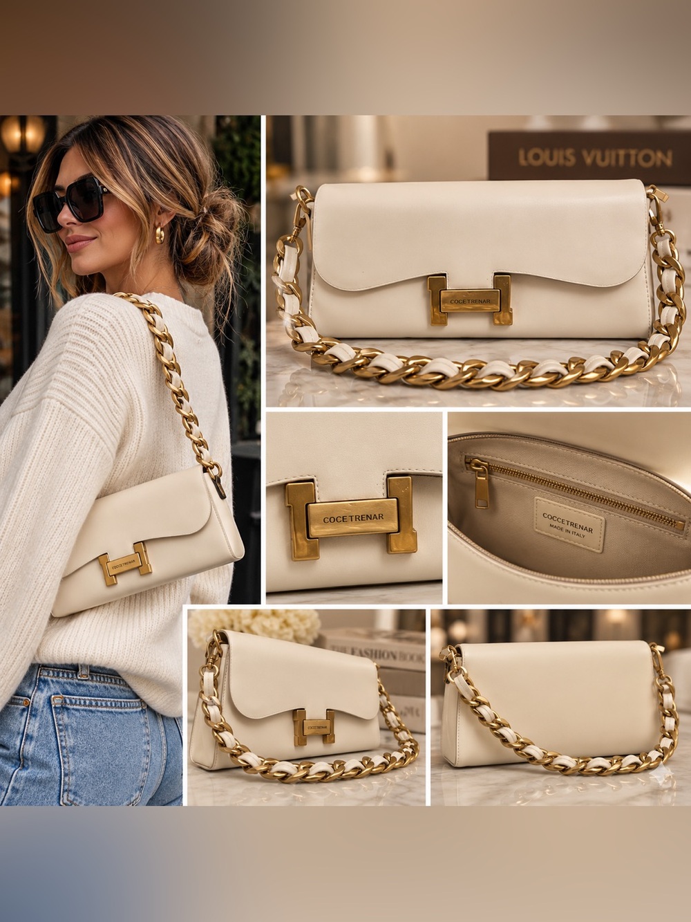 Cream Leather Chain Shoulder Bag